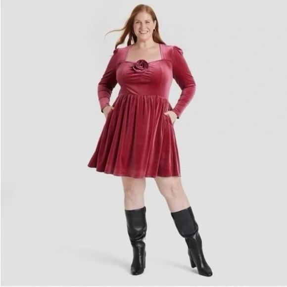 Ava + Viv NWT Women's Long Sleeve Red Rosette Midi A-Line Velvet Dress 1X - Picture 1 of 12